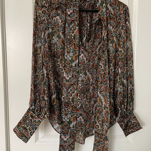 VERONICA BEARD SILK BLOUSE 2, Size Small, Zaylee Paisley Tie-Neck Green/Brown - Picture 5 of 7